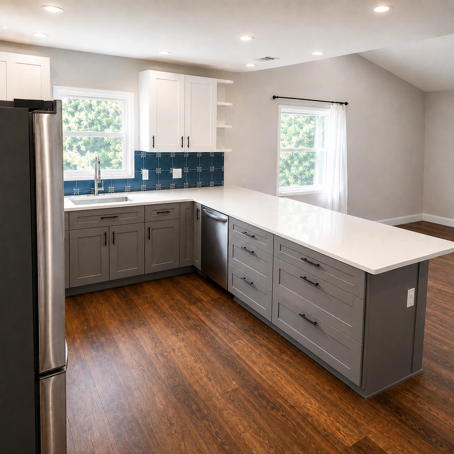 Modern kitchen remodel with white and gray cabinets, blue tile backsplash, quartz countertops, and large peninsula in Brandon, FL