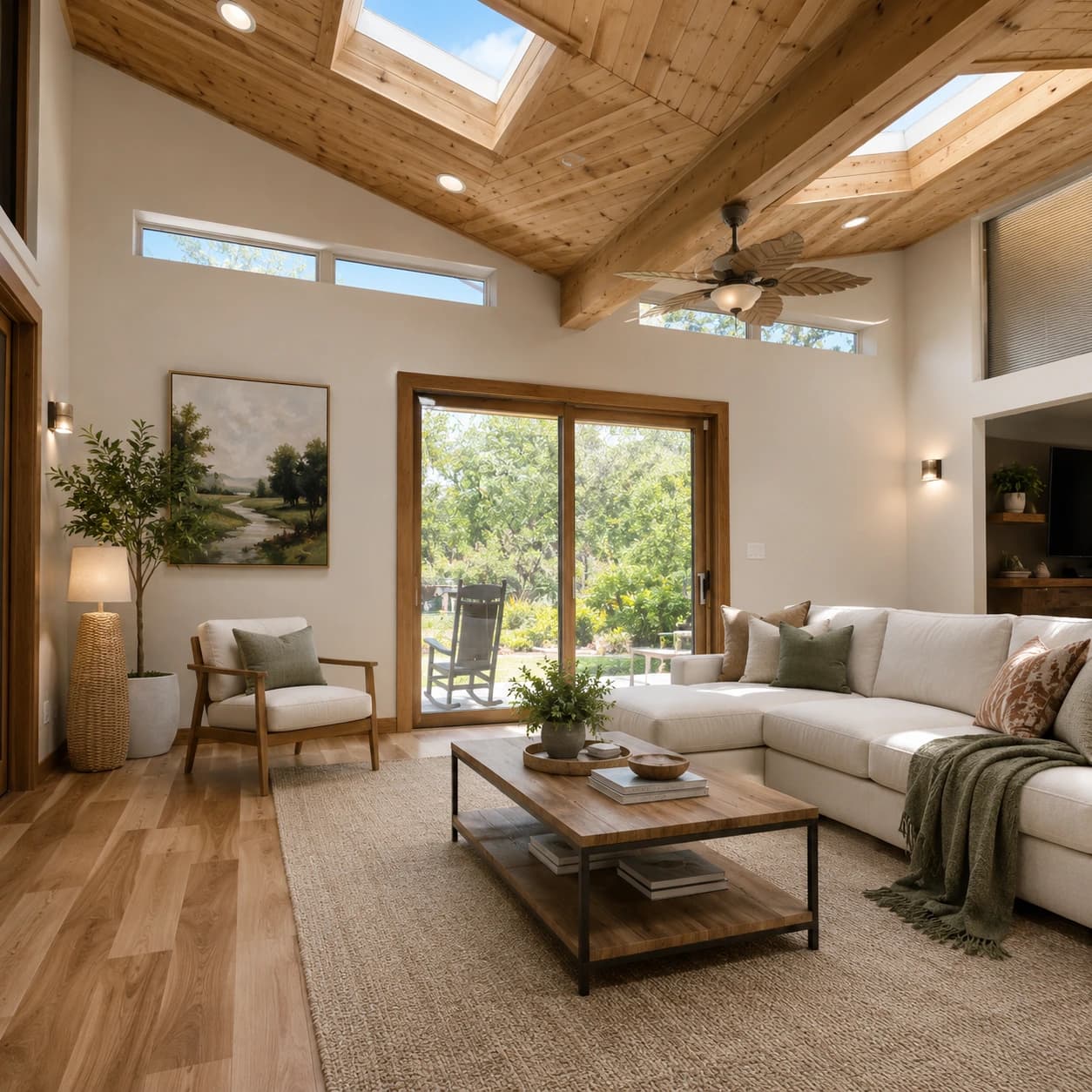 Living room remodel with vaulted wood ceiling and skylights, Ruskin FL