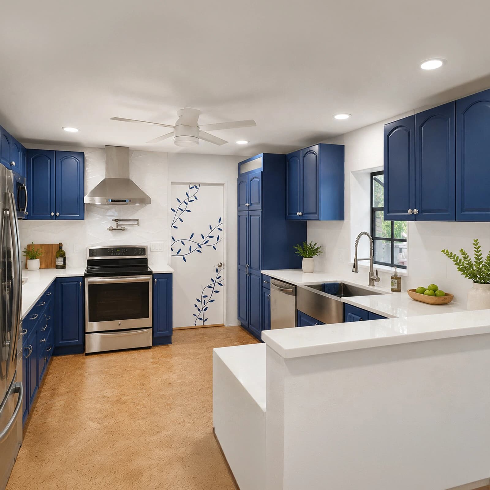 Remodeled kitchen with blue cabinets, white quartz countertops, farmhouse sink, and stainless steel appliances in Plant City, FL