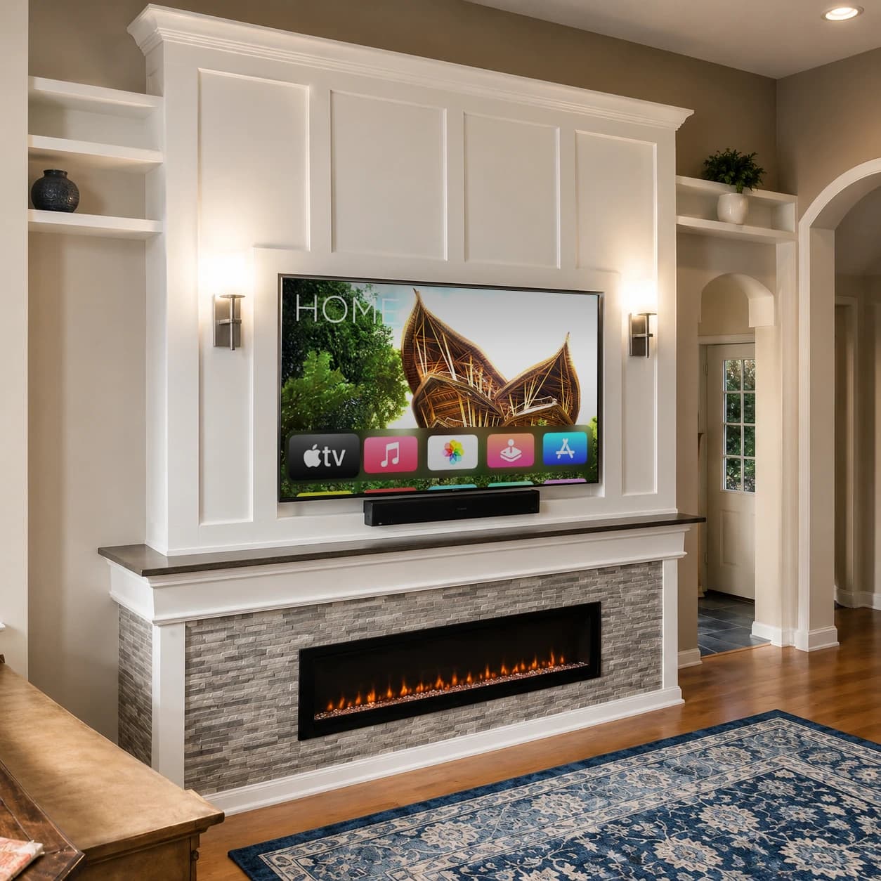 Custom fireplace with media wall and built-in shelving, Bloomingdale FL